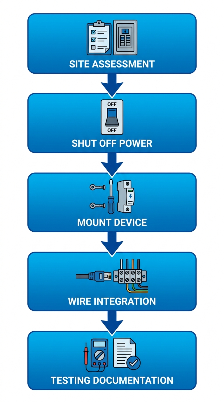 Vertical process flow diagram showing five steps of whole home surge protection installation: site assessment, power shutoff, device mounting, wiring integration, and testing.
