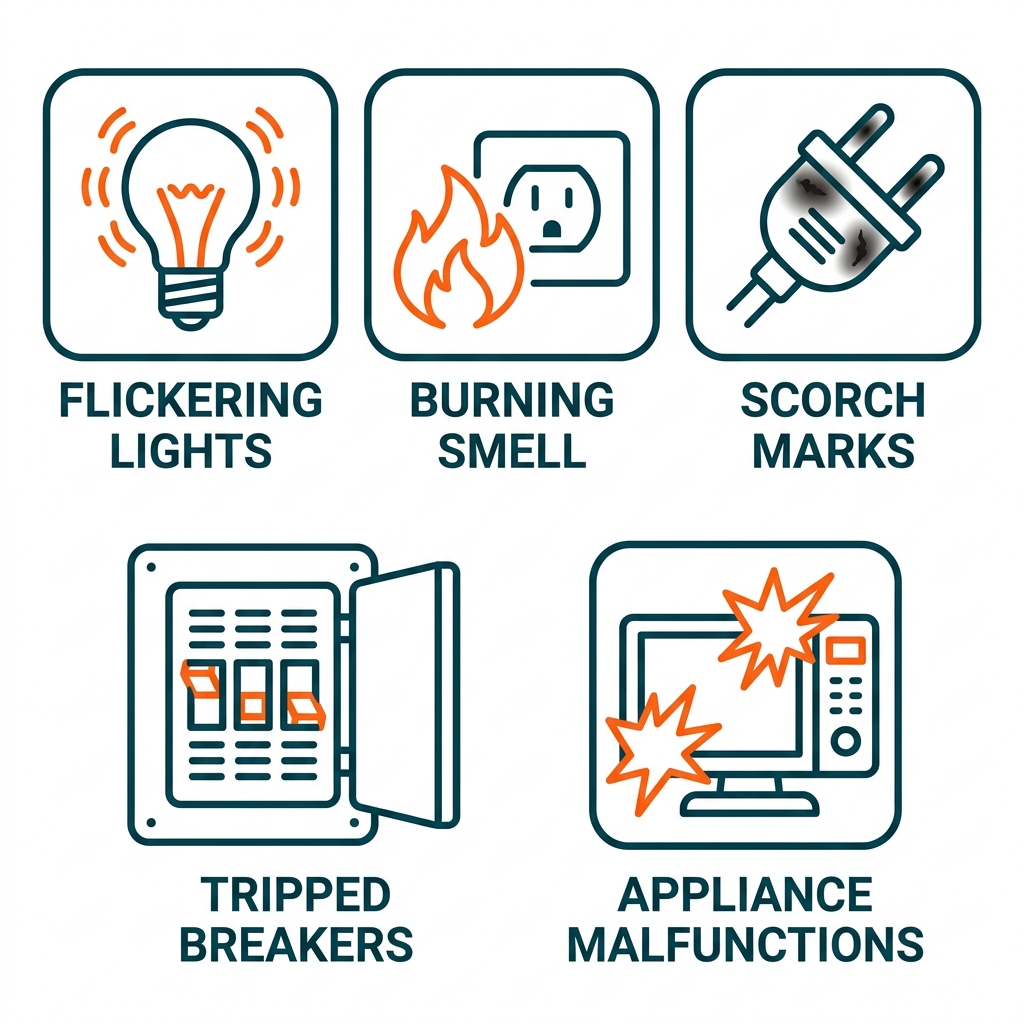 Grid of icons showing common signs of power surges: flickering lights, burning smell, scorch marks, tripped breakers, appliance malfunctions.