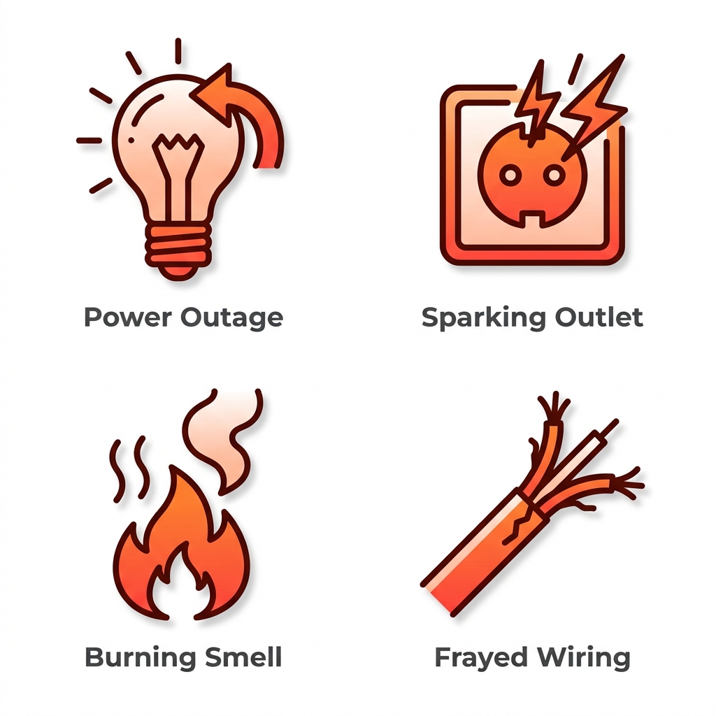 2x2 grid of illustrative icons depicting common electrical emergencies: power outage, sparking outlet, overheating smell, frayed wiring