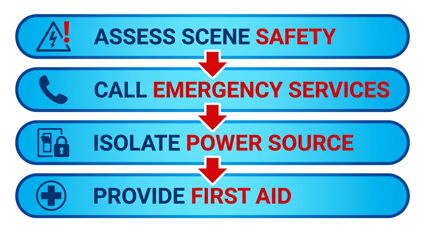 Vertical process flow diagram of four essential stages in electrical emergency safety triage with icons and arrows