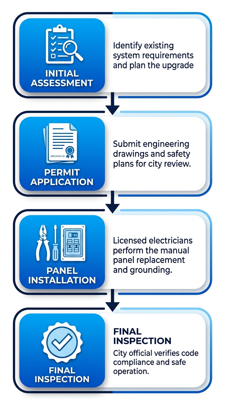 Vertical process flow diagram illustrating the four key steps of an electrical panel upgrade in Arcadia, California: initial assessment, permit application, panel installation, and final inspection.