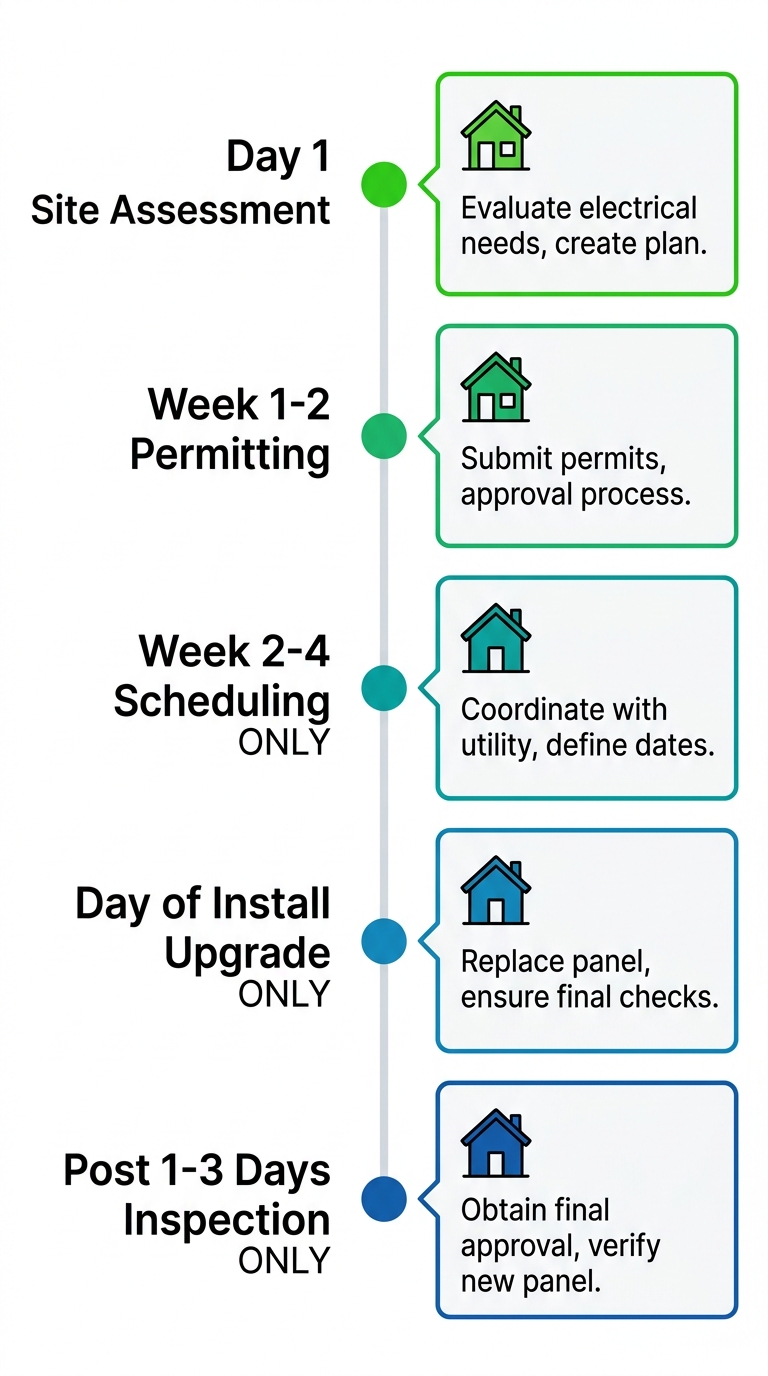 Vertical timeline graphic showing electrical panel upgrade process in Arcadia, California with five milestones from site assessment to inspection