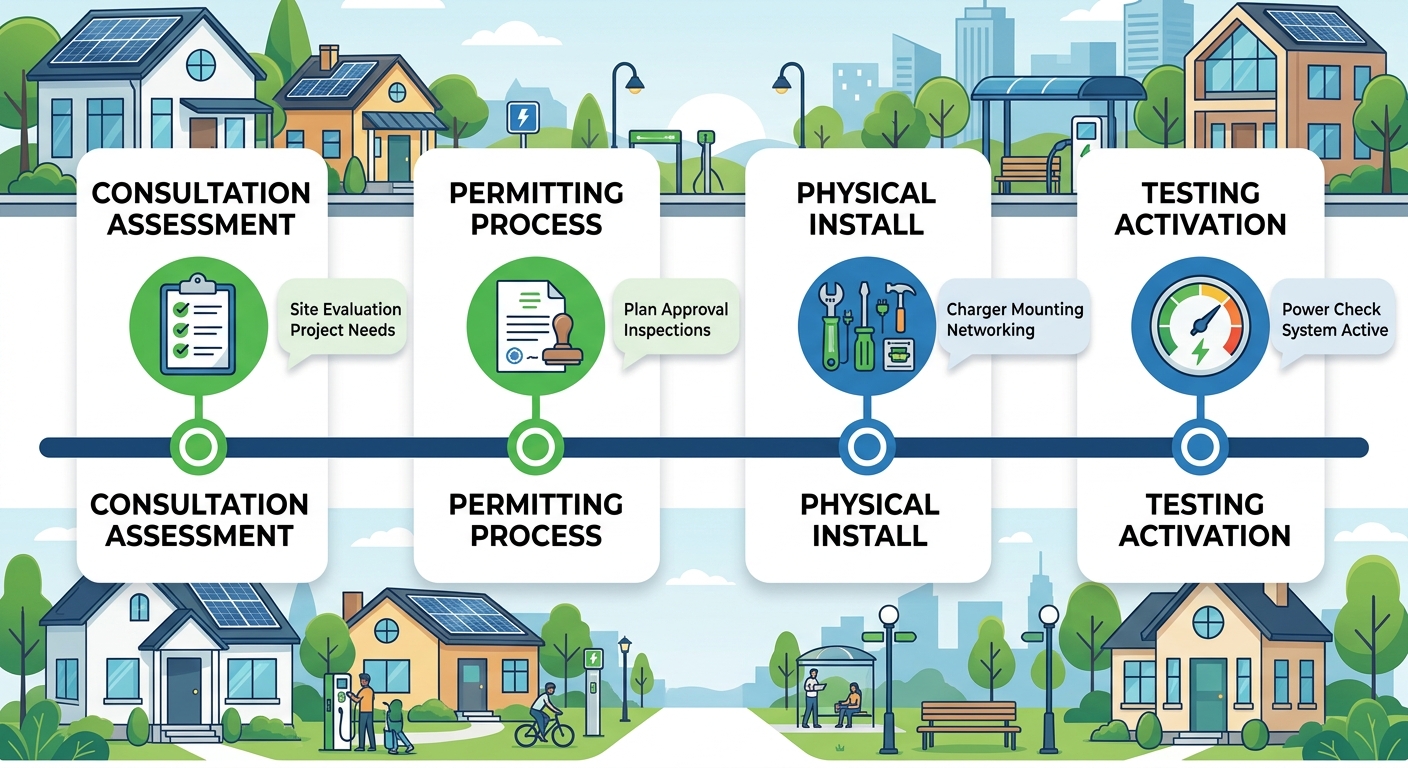 Horizontal timeline illustrating EV charger installation phases in Arcadia: consultation, permitting, installation, and testing with icons and minimal labels.