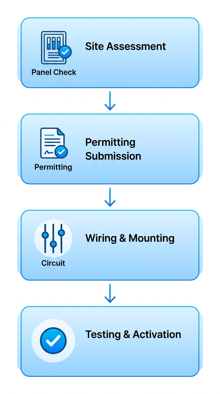 Vertical process flow illustrating EV charger installation stages: site assessment, permitting, wiring and mounting, testing and activation with icons.