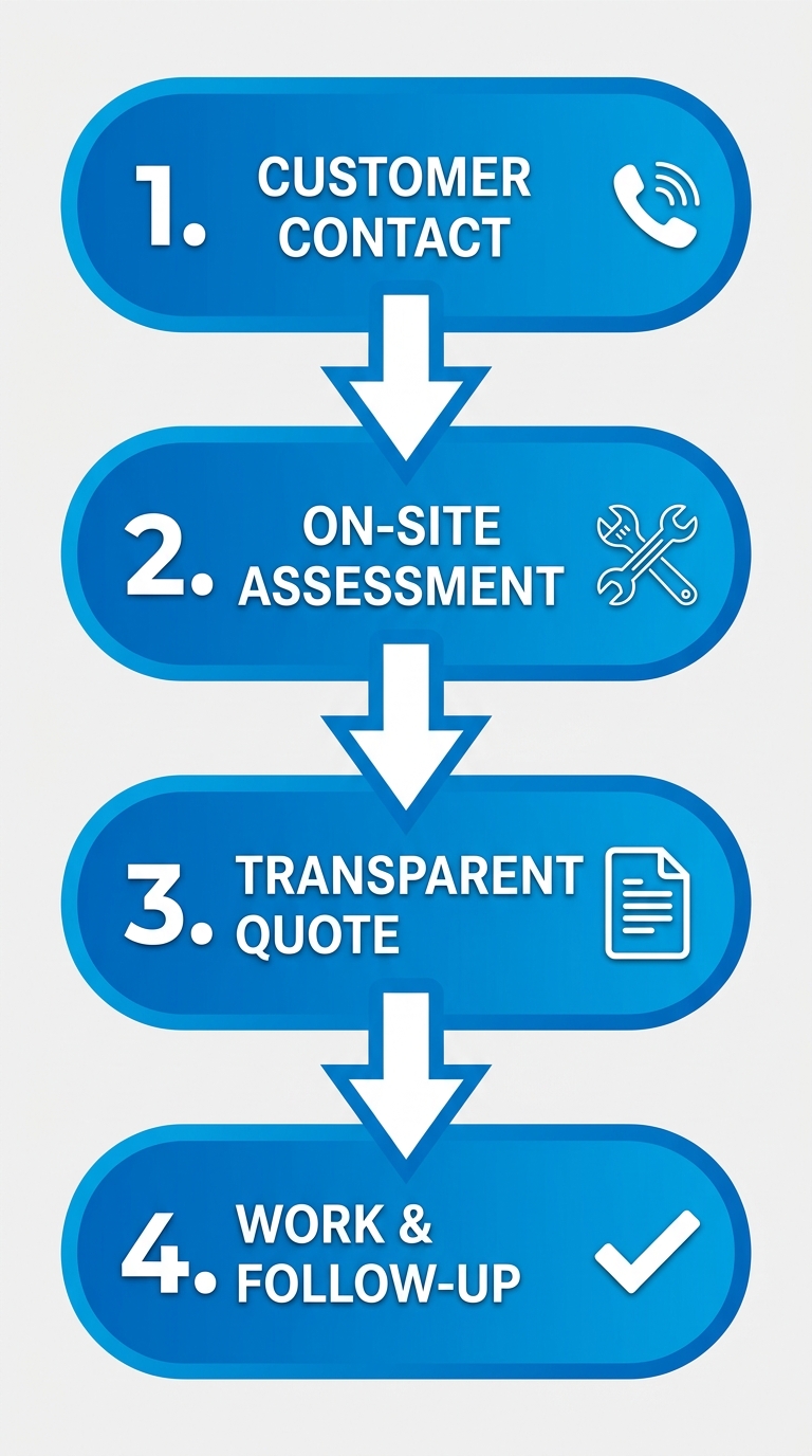 Vertical process flow diagram illustrating 4-step electrical service process in Arcadia: Customer Contact, On-Site Assessment, Transparent Quote, Work and Follow-Up with icons.