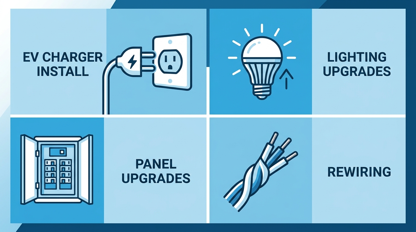 2x2 grid infographic of electrical services in Arcadia: EV charger install, lighting upgrades, panel upgrades, rewiring with icons and minimal labels