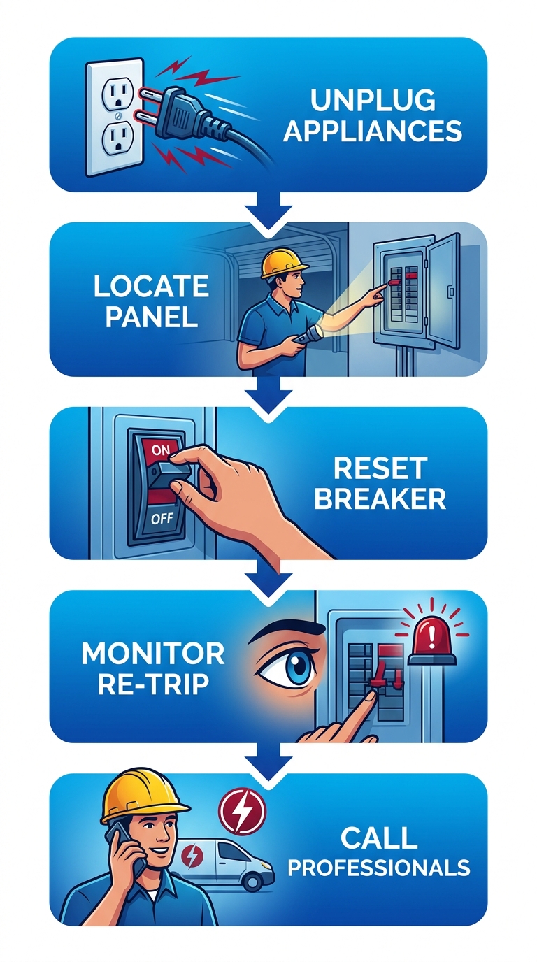 Vertical process flow diagram of five safety triage steps for handling breaker emergencies: unplug appliances, locate panel, reset breaker, monitor for issues, call professionals.