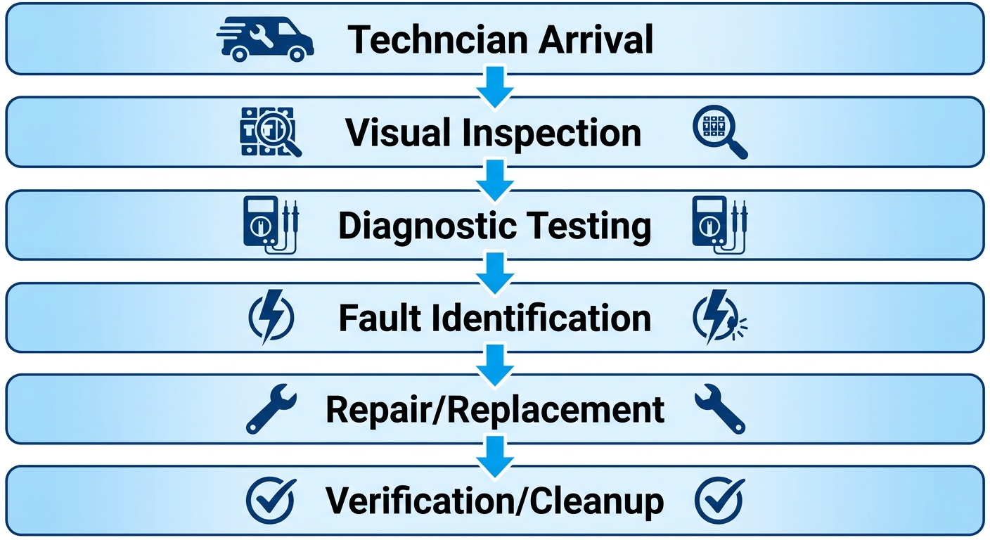 Vertical process flow diagram showing six stages of on-site electrical breaker diagnostic and repair in Arcadia with icons and safety elements