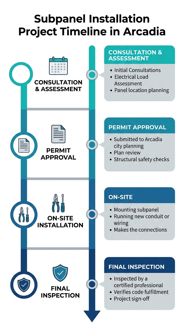 Vertical timeline illustrating subpanel installation phases: consultation, permits, installation, and inspection in Arcadia