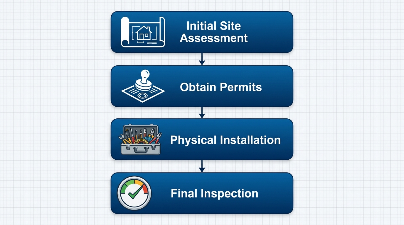 Vertical process flow diagram of four stages for electrical subpanel installation in Arcadia: site assessment, permits, wiring, inspection.