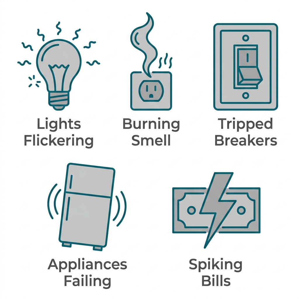 Grid of five flat outline icons depicting warning signs for whole home surge protection: flickering lights, burning plastic smell, tripped breakers, premature appliance failure, and spiking utility bills.