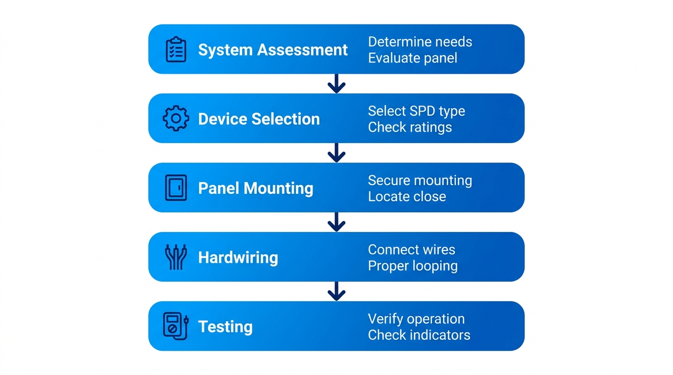 Vertical process flow diagram of five stages in whole home surge protection installation: system assessment, device selection, panel mounting, hardwiring, and testing with icons.