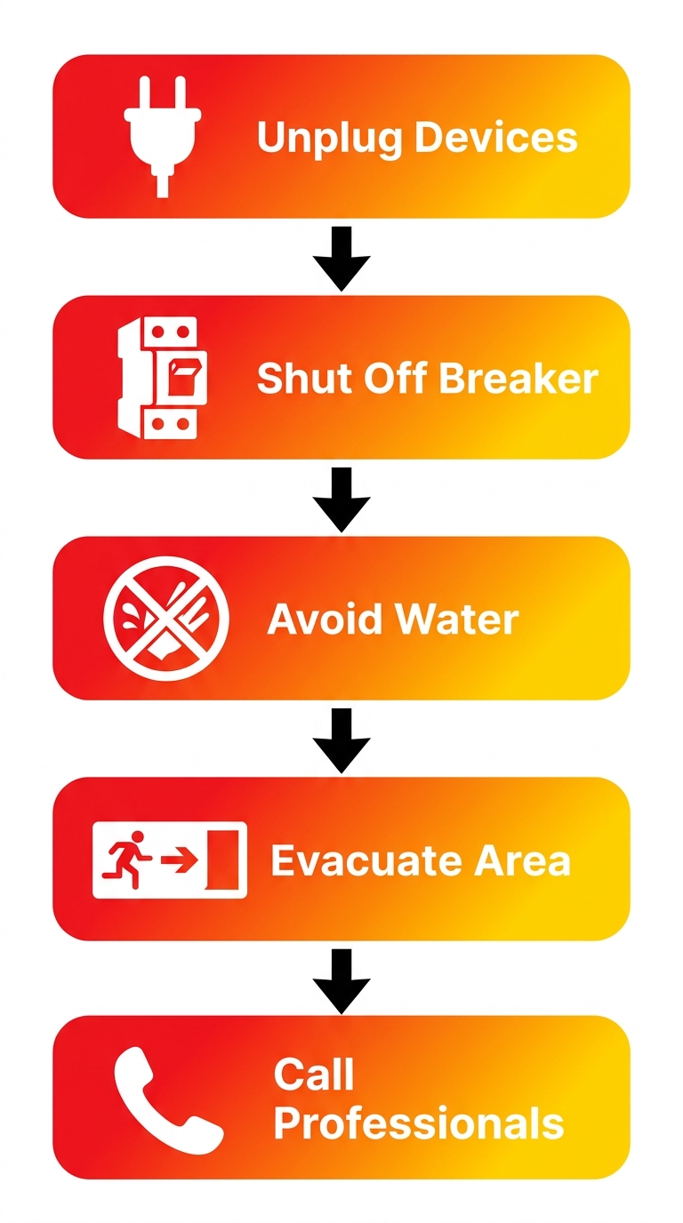 Vertical process flow diagram of five safety triage steps for electrical hazards: unplug devices, shut off breaker, avoid water contact, evacuate if sparks or smoke, call professionals.