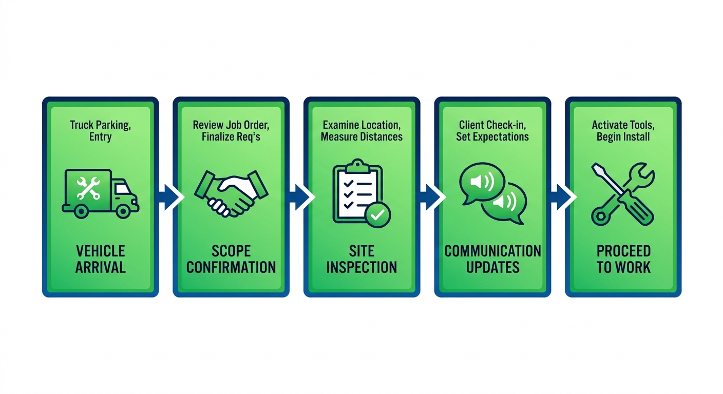 Horizontal process flow showing 5 stages of electrician technician arrival: vehicle arrival, scope confirmation, site inspection, communication updates, and proceeding to work with icons.
