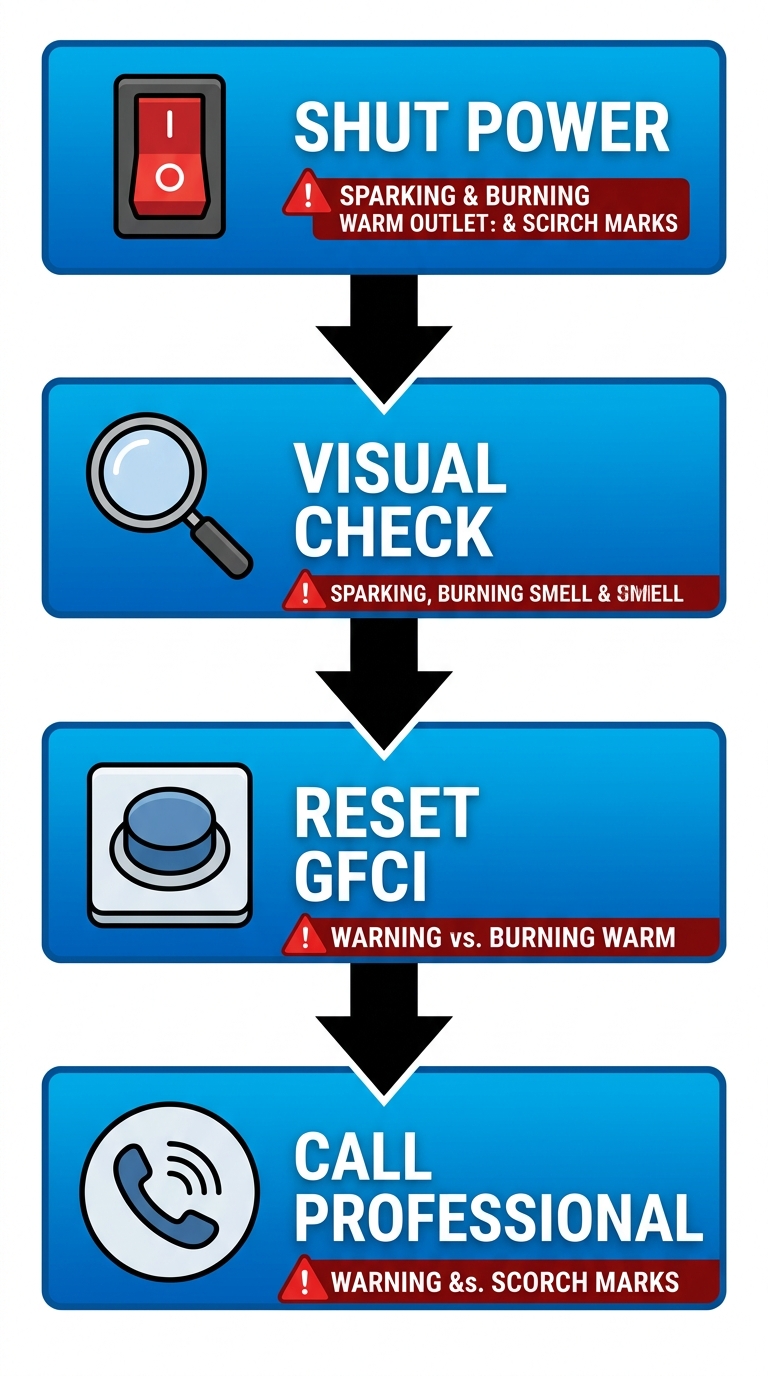 Vertical process flow diagram showing four electrical safety steps for outlet issues: shut off power, visual check, reset GFCI, call professional.