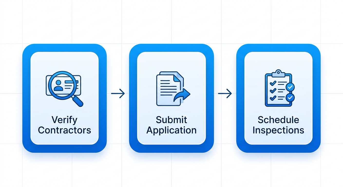 Horizontal process flow diagram showing three stages for obtaining electrical permits in Arcadia: verify licensed contractors, submit application, schedule inspections with icons and arrows.