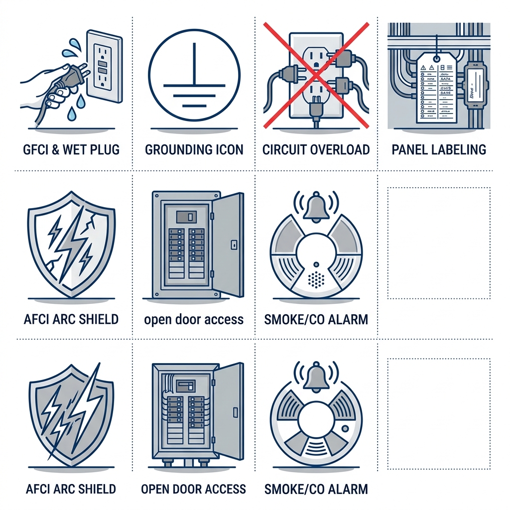 Square grid of 7 icons depicting key electrical inspector checks in Arcadia: GFCI outlets, grounding, overload prevention, panel labeling, AFCI protection, access, smoke alarms.
