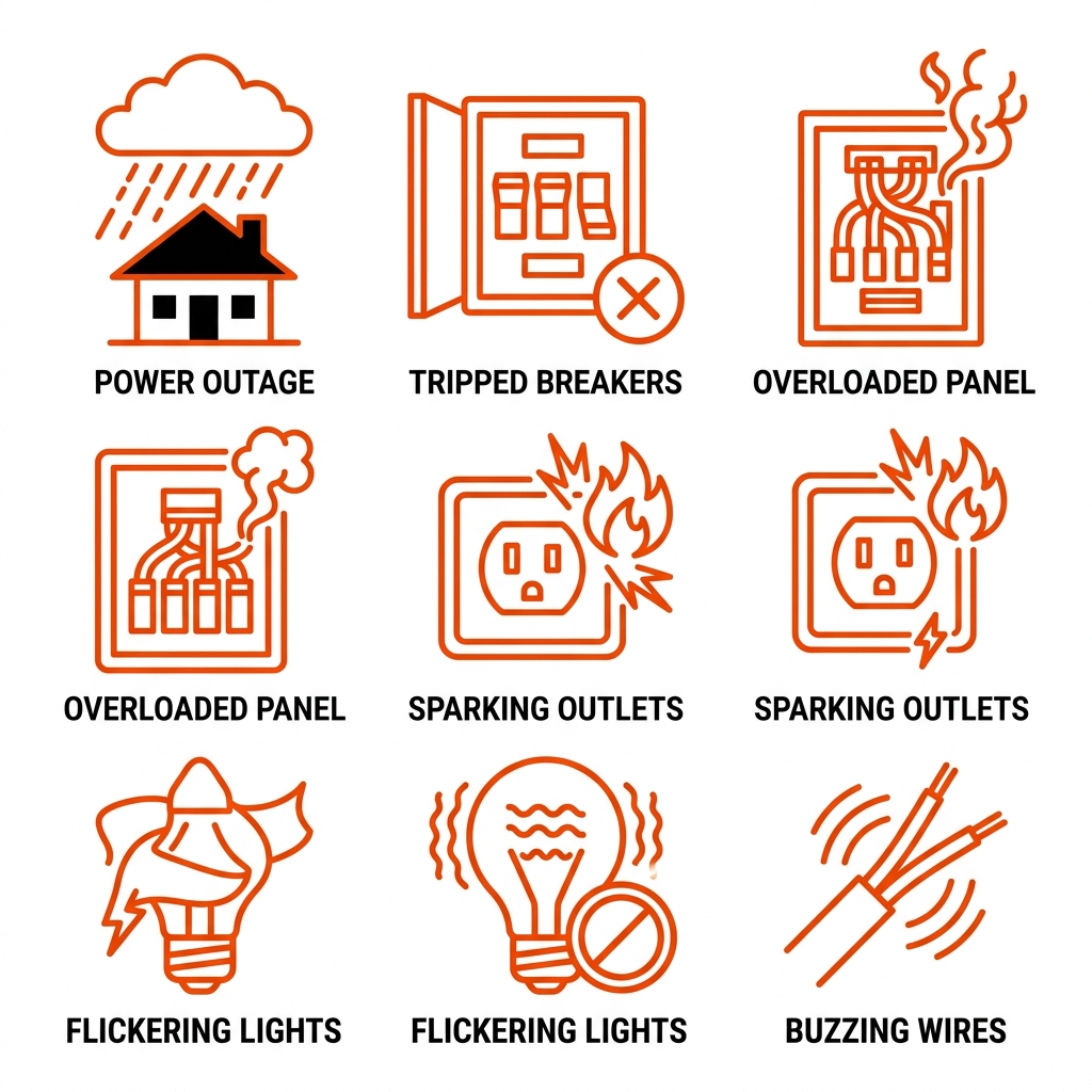 2x3 grid of modern outline icons showing common electrical emergencies: power outage, tripped breakers, overloaded panel, sparking outlets, flickering lights, buzzing wires