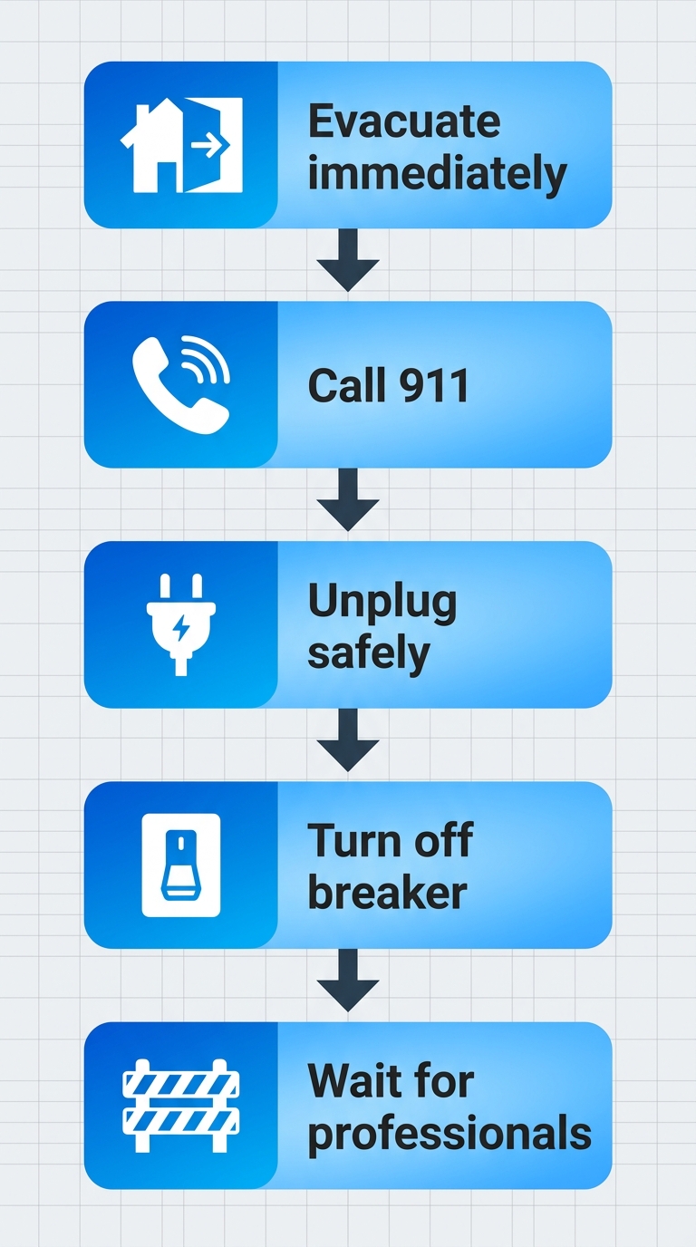 Vertical process flow diagram showing five key safety steps for electrical emergencies: evacuate, call 911, unplug, turn off breaker, wait for professionals, with icons.