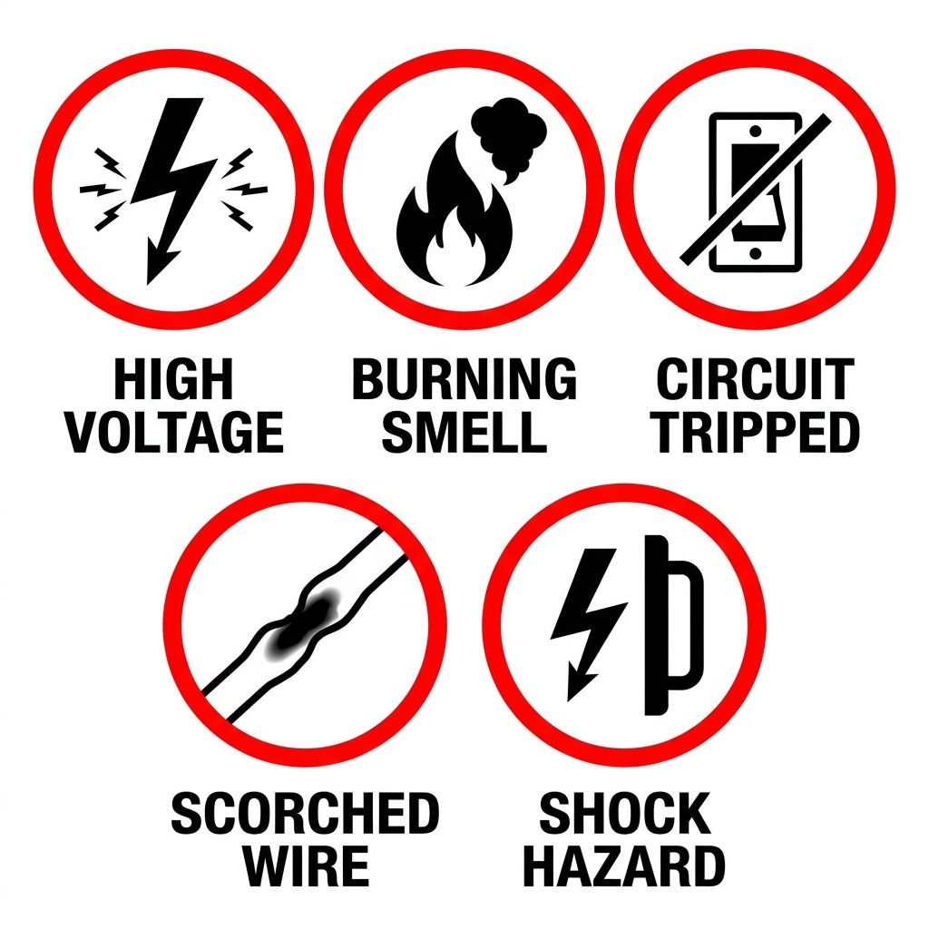 Grid of five electrical warning icons illustrating sparks, burning odor, tripped breakers, scorch marks, and shocks with minimal labels.