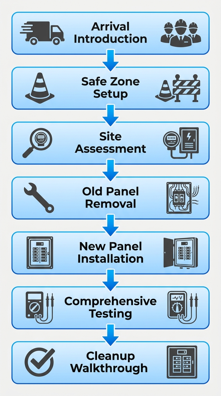Vertical process flow diagram showing 7 stages of electrical panel upgrade process upon team arrival