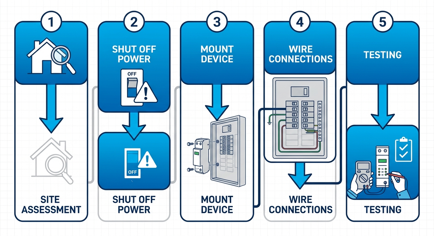 Vertical process flow diagram of 5 stages for whole home surge protection installation: site assessment, power shut off, mounting, wiring, testing.