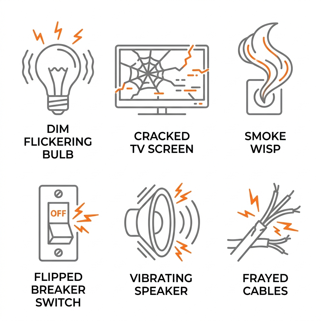 Grid of 6 icons showing signs a home needs surge protection: flickering lights, electronics failure, burning smells, tripping breakers, buzzing noises, old wiring