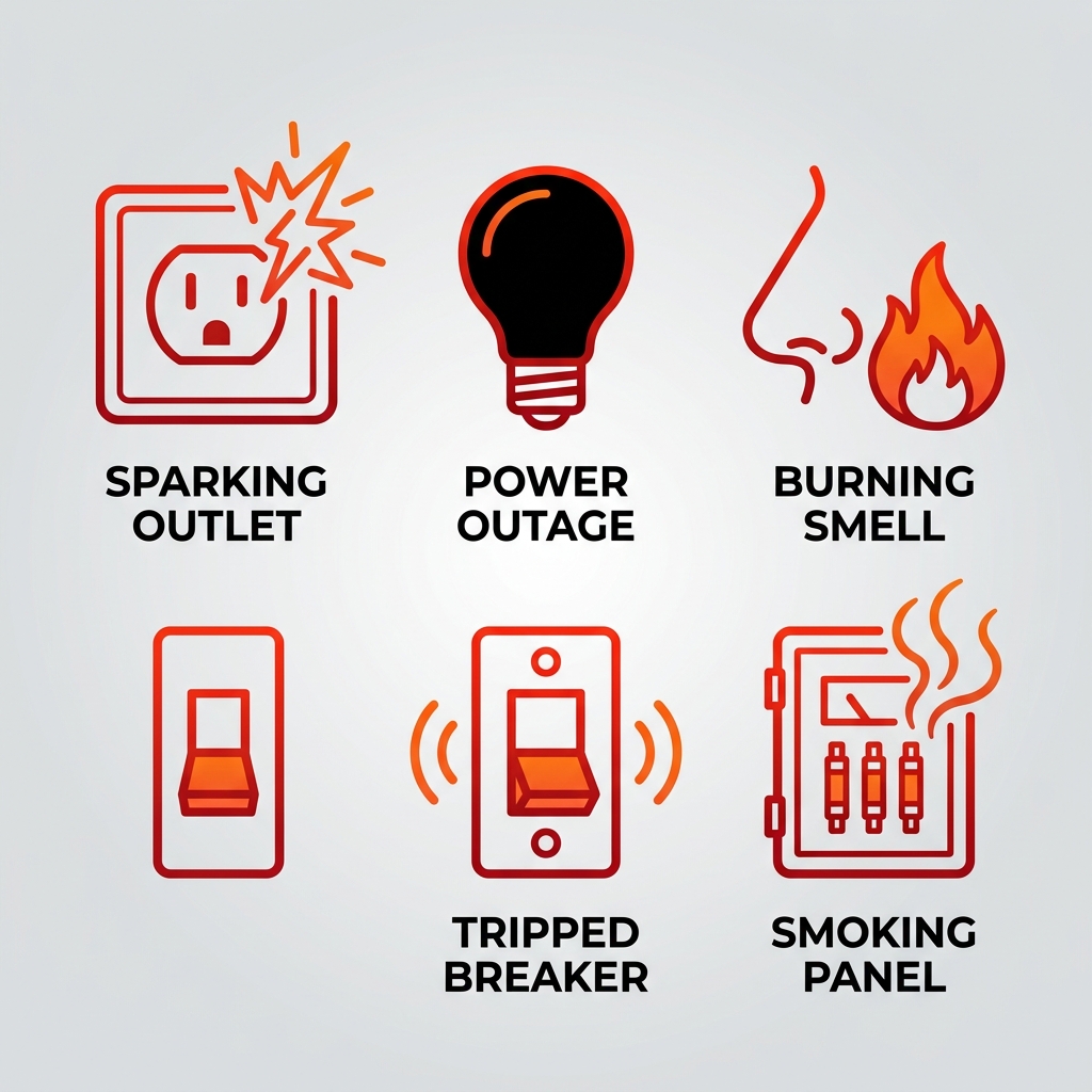 Square grid of five outline icons for electrical emergencies: sparking outlet, power outage, burning smell, tripped breaker, smoking panel with short labels