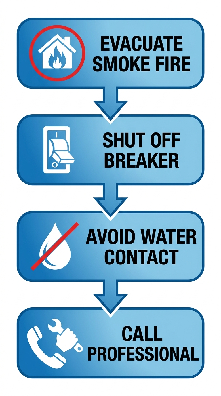 Vertical process flow diagram illustrating four essential electrical safety triage steps before calling an emergency electrician