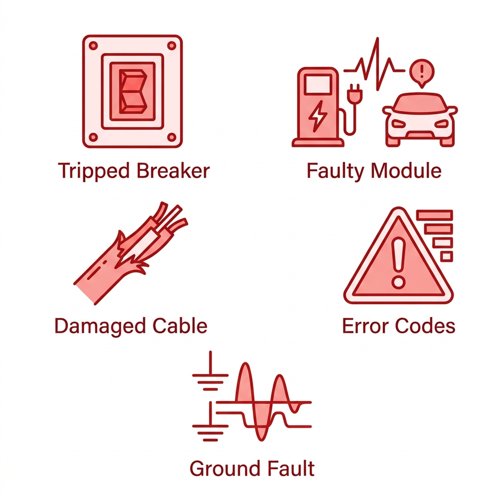 EV Charger Installation 1 Vertical grid of five outline icons depicting common EV charger problems: tripped breaker, faulty module, damaged cable, Level 2 errors, ground fault buzzing.