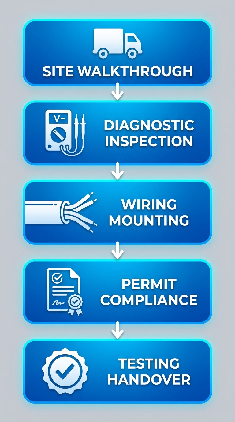EV Charger Installation 2 Vertical process flow diagram illustrating five stages of EV charger diagnostic and installation: site walkthrough, diagnostic inspection, wiring mounting, permit compliance, and testing handover.