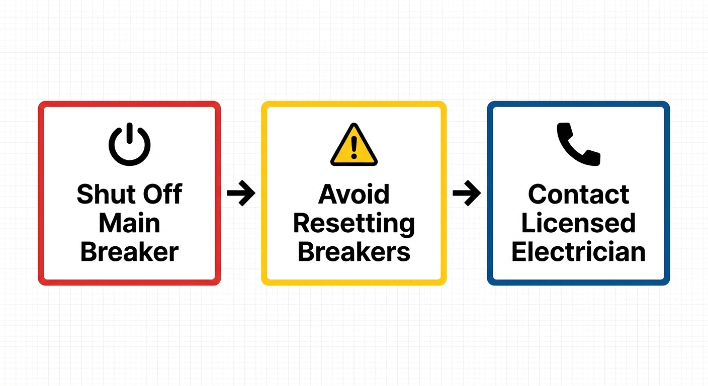 Horizontal process flow diagram of 3-step emergency response for electrical subpanel issues: shut off main breaker safely, avoid resetting breakers yourself, contact licensed electrician.