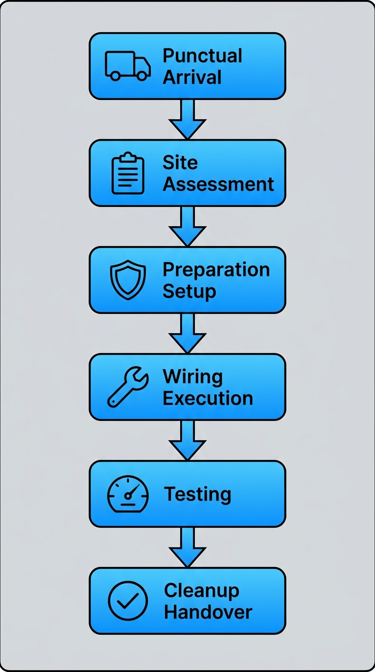 Vertical process flow diagram of 6 stages in electrician's on-site subpanel installation, from arrival to handover with icons.