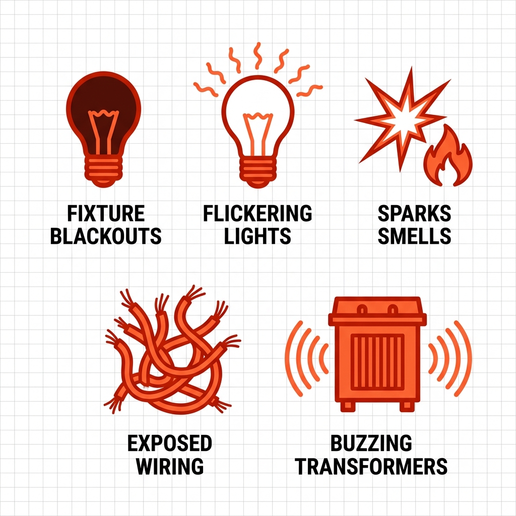 Grid of five flat outline icons showing urgent lighting issues: fixture blackouts, flickering recessed lights, sparks or burning smells, exposed wiring, buzzing transformers.