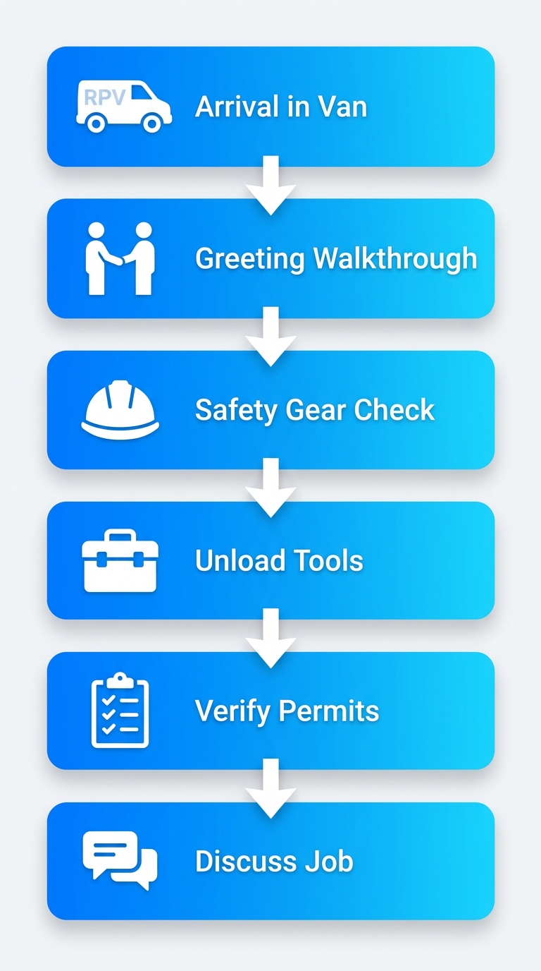 Vertical process flow diagram of 6 stages in electrician arrival: van arrival, greeting, safety gear, tools unload, permits check, job discussion with icons and labels