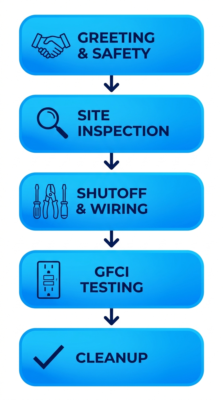 Vertical process flow diagram of five steps for electrician outlet service: greeting and safety, site inspection, power shutoff and wiring, GFCI testing, cleanup and walkthrough.