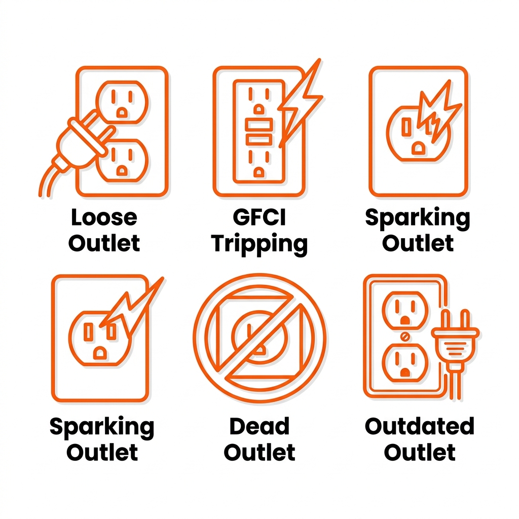 Grid of five flat outline icons depicting common outlet problems: loose outlet, GFCI tripping, sparking, dead outlet, and outdated outlet.