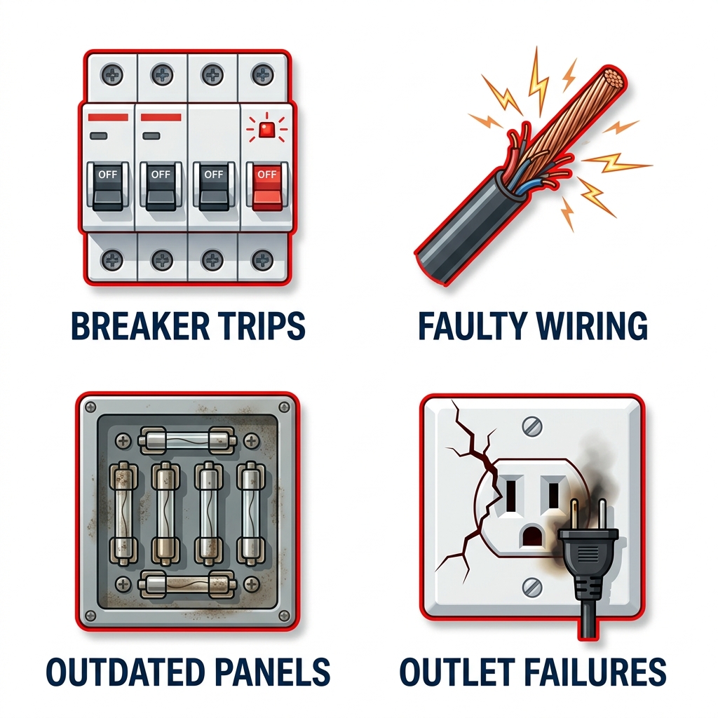 2x2 grid of technical icons showing common electrical issues: breaker trips, faulty wiring, outdated panels, outlet failures in Rancho Palos Verdes.