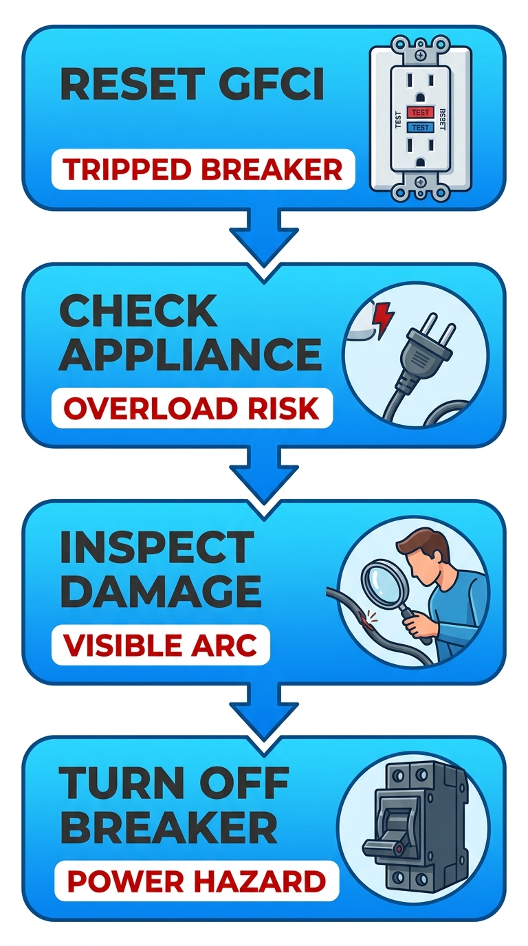 Vertical process flow diagram of four safety triage steps before calling an electrician: reset GFCI outlets, check appliance, inspect damage, turn off breaker.