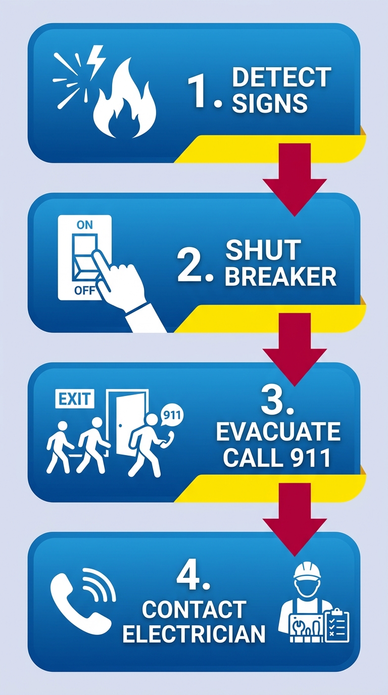 Vertical process flow diagram of safety triage steps for electrical emergencies: detect signs, shut off breaker, evacuate and call 911, contact electrician.