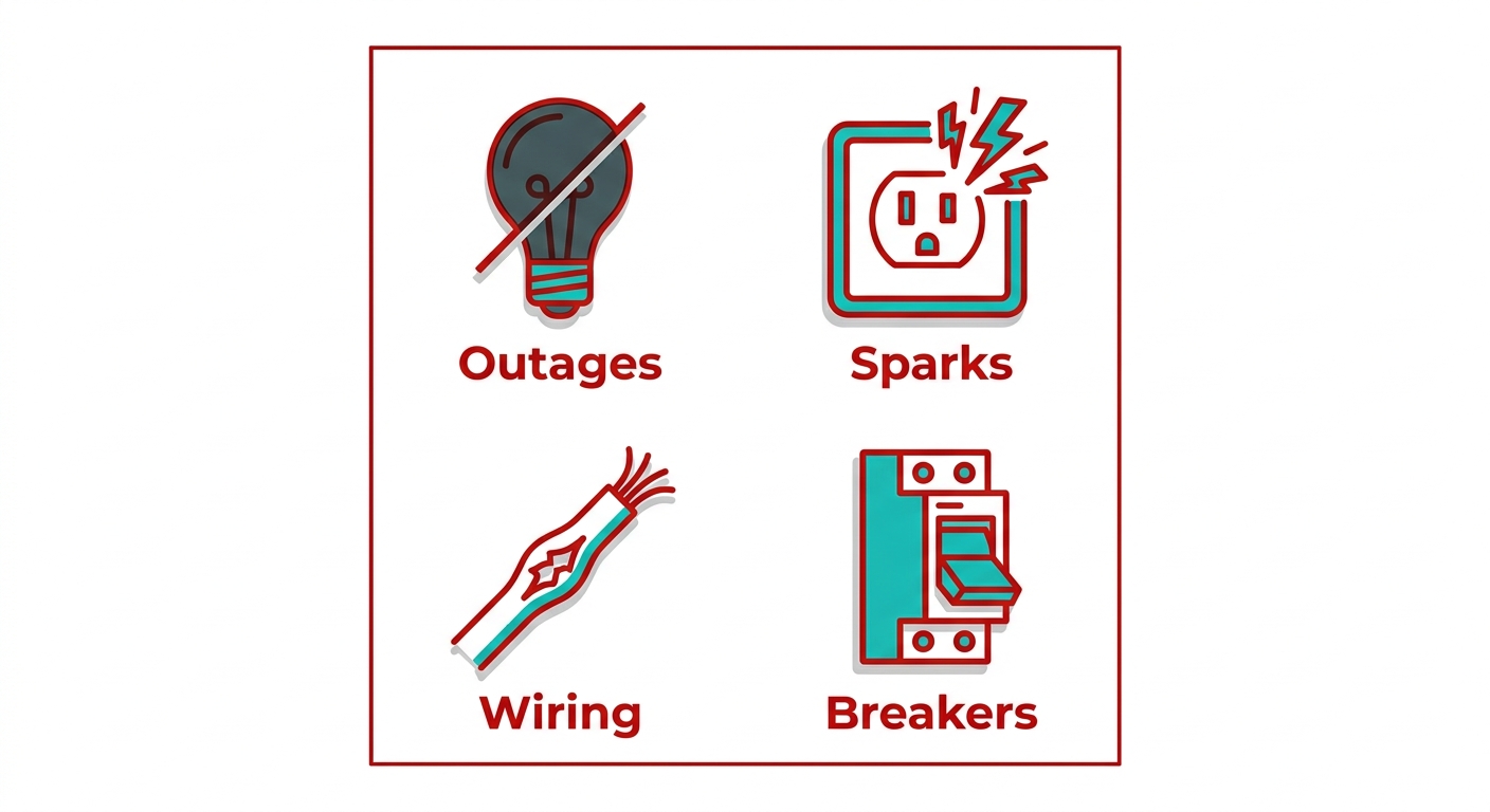 2x2 grid of professional icons depicting common electrical emergencies: power outages, sparking outlets, frayed wiring, and tripped breakers.