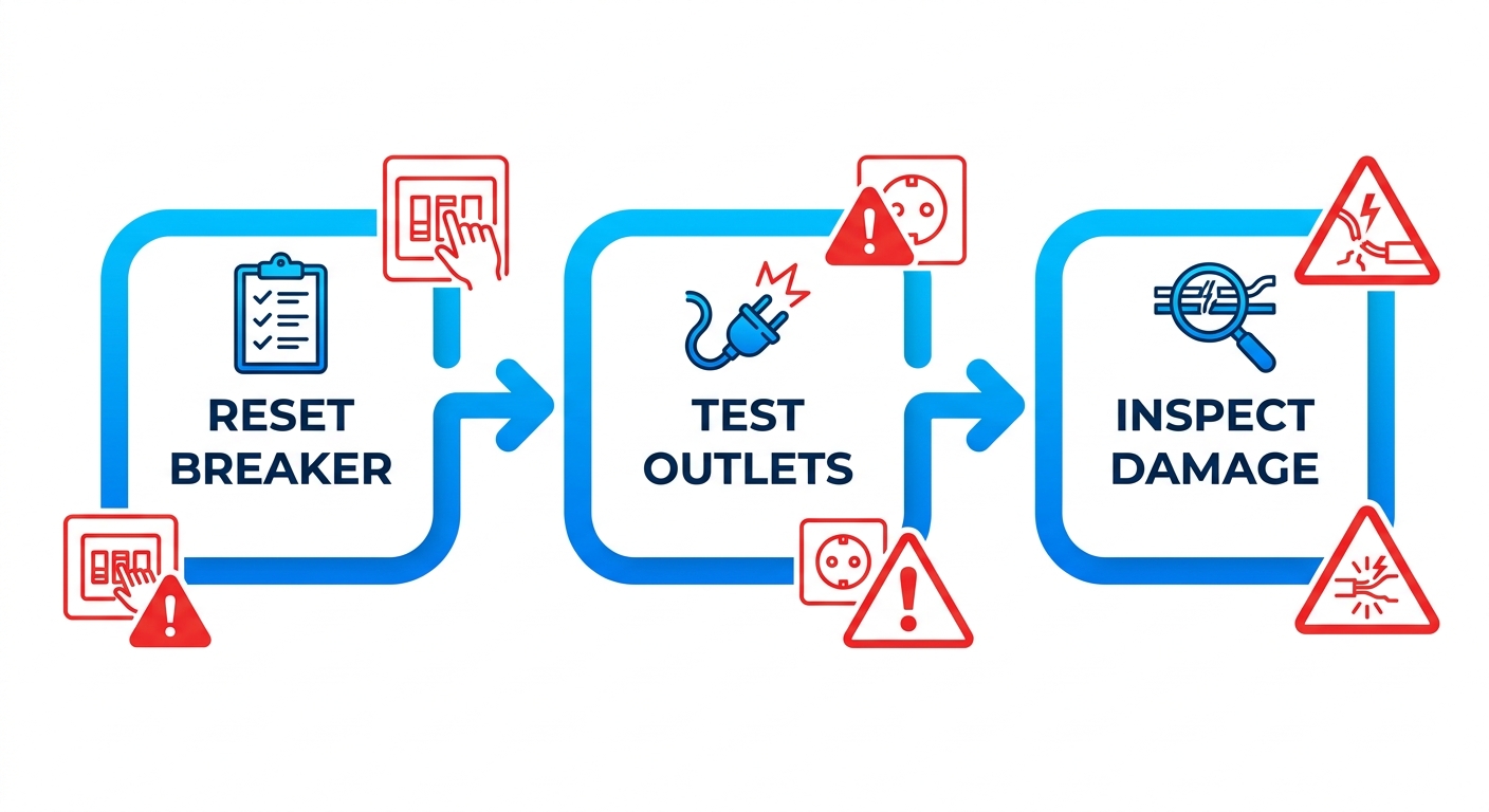 Horizontal process flow diagram of three electrical safety triage steps: reset breaker with clipboard icon, test outlets with plug warning icon, inspect damage with magnifying glass icon.