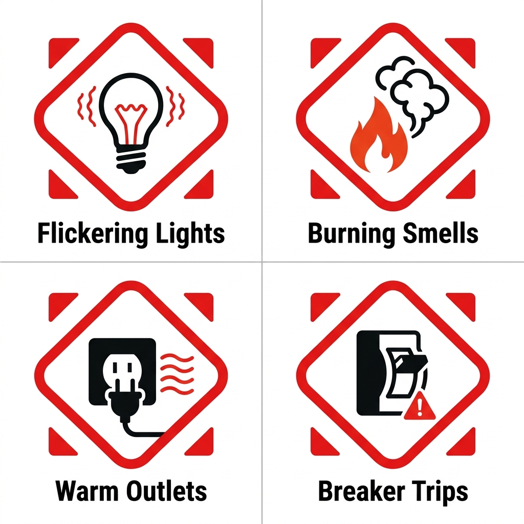 2x2 grid of electrical hazard warning icons for home safety triage including flickering lights, burning smells, warm outlets, and breaker trips.