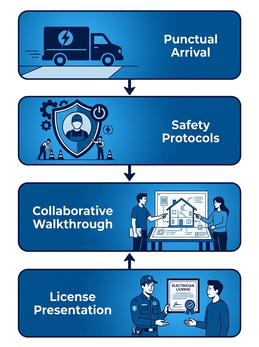 Process flow diagram of rewiring team on-site process with four stages: arrival, safety, walkthrough, and license presentation