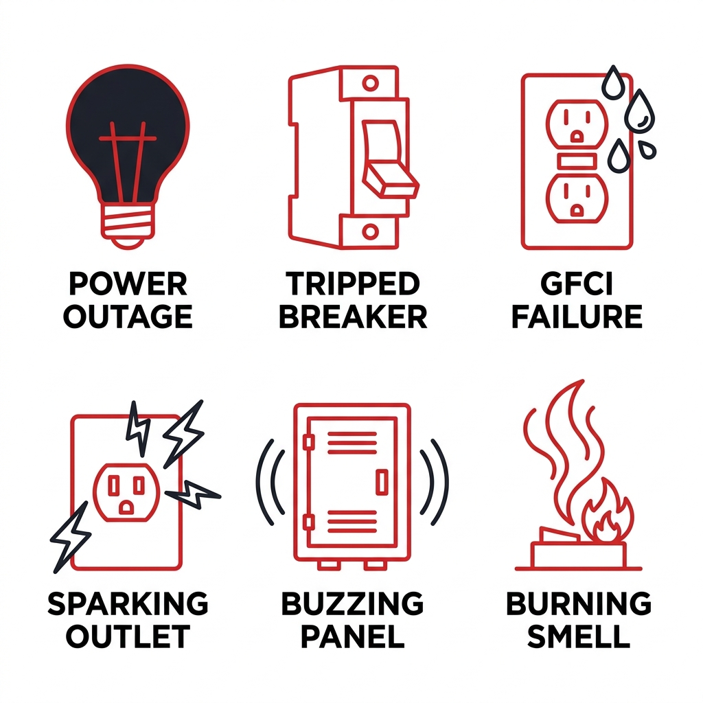 Grid of six icons showing common electrical emergencies: power outage, tripped breaker, GFCI failure, sparking outlet, buzzing panel, and burning smell.