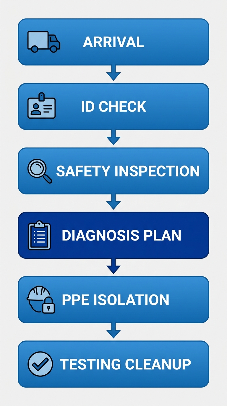 Vertical process flow diagram showing six stages of electrician arrival at home: arrival, ID verification, safety inspection, diagnosis, safety preparation, and initial testing.