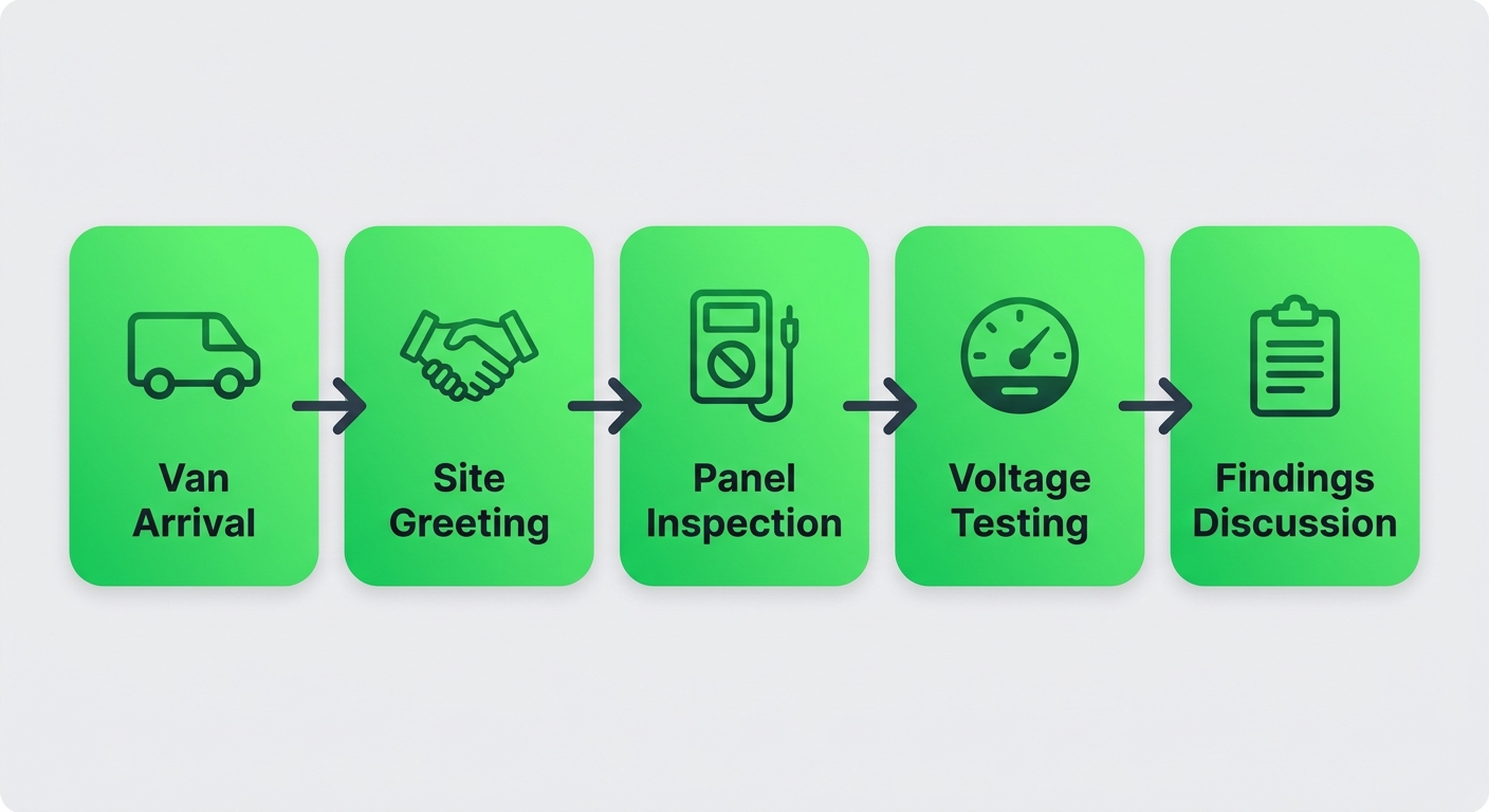 Horizontal process flow diagram of 5 stages: electrician van arrival, greeting and walkthrough, electrical panel inspection, load and voltage testing, findings discussion and approval.