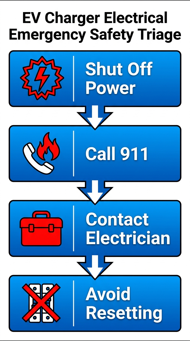 Vertical process flow diagram of 4 safety steps for EV charger electrical emergencies: shut off power and evacuate, call 911 if sparks or fire, contact licensed electrician, avoid resetting breakers.