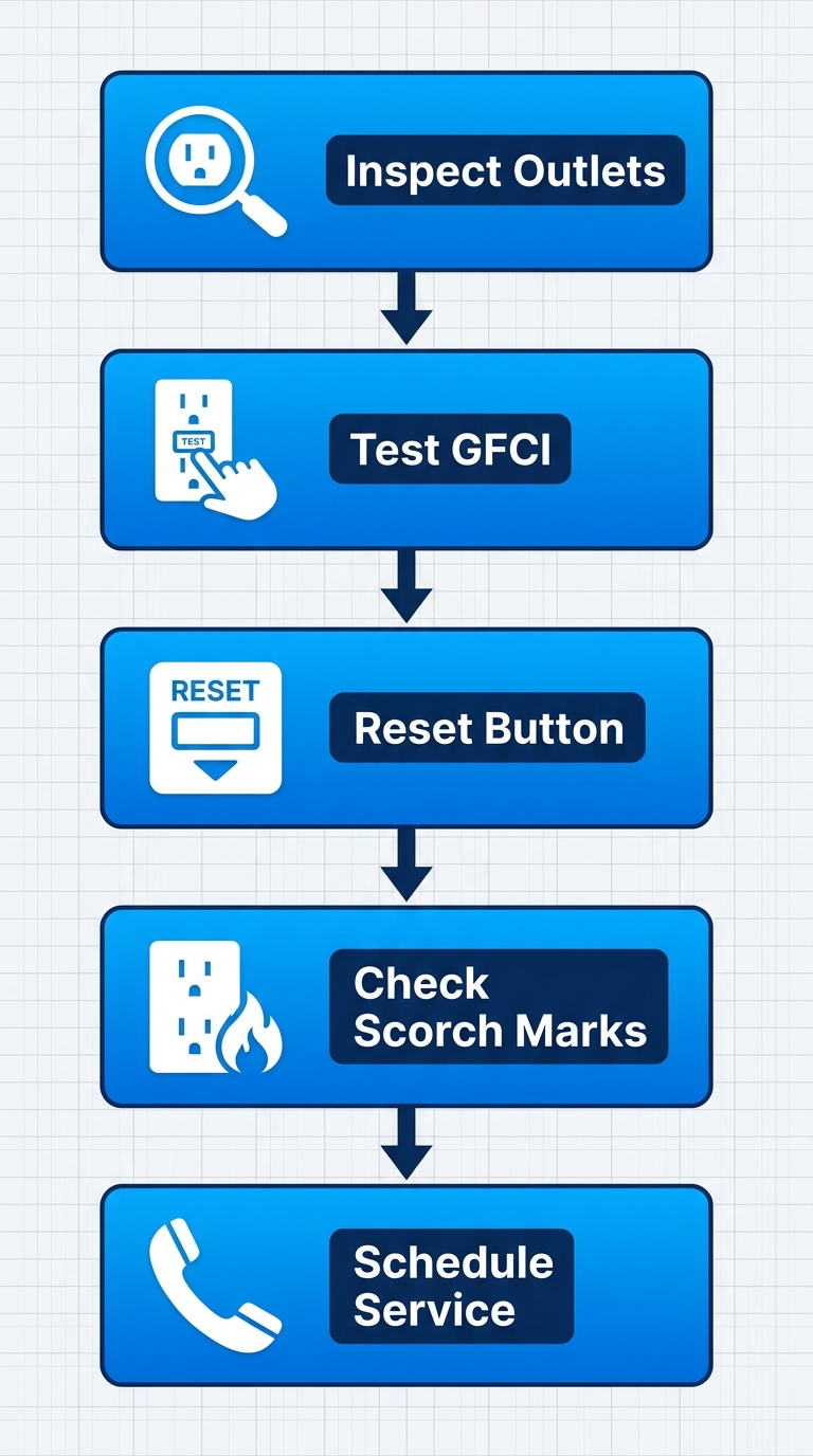 Vertical process flow diagram of five stages for electrical safety triage and GFCI outlet testing in Altadena homes