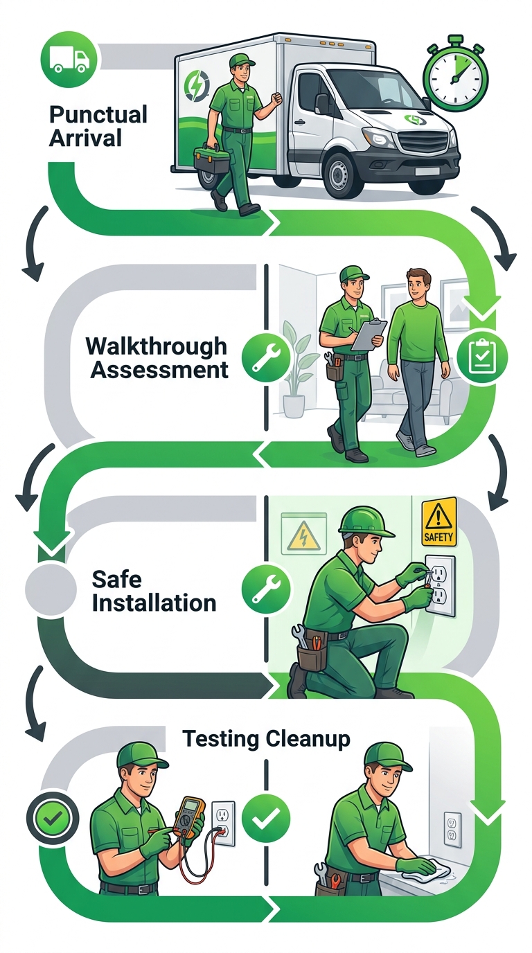 Vertical process flow illustrating four stages of electrician on-site outlet service: arrival, assessment, installation, and testing.